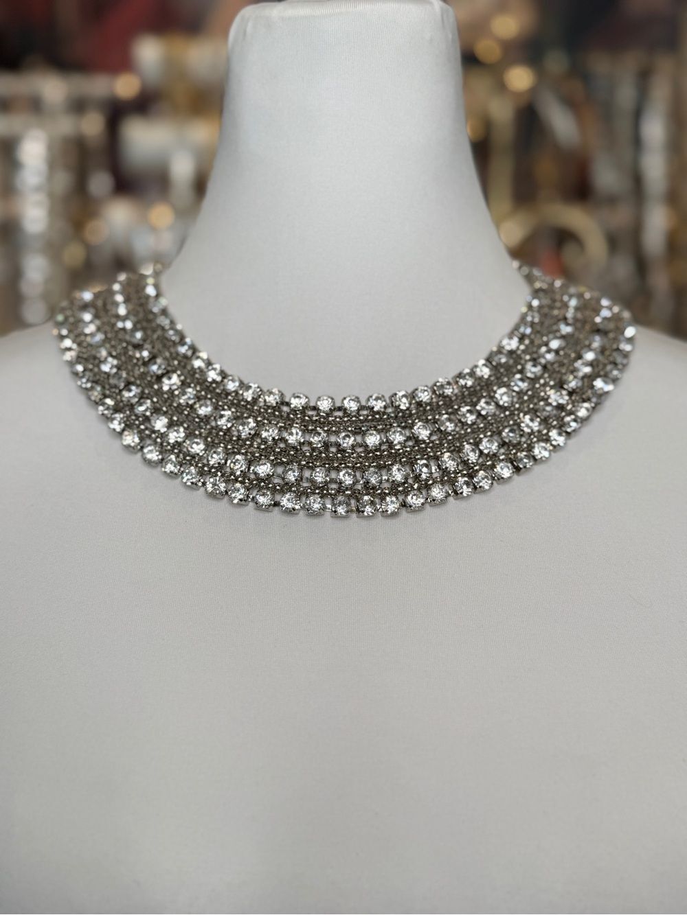 Crystal Multi-Row Silver Choker Necklace